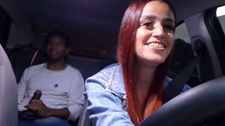 A sexy brunette gets fucked in the car on the street