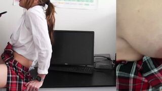 A schoolgirl got caught jerking off and the teacher fucked her