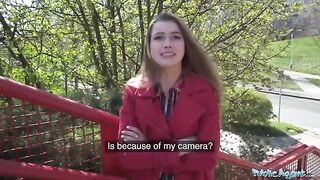 A nervous woman tries modeling with Public Agent for cash and fame